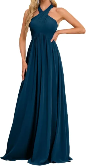 Womens Halter Pleated Chiffon Bridesmaid Dress A Line Prom Dress Long Formal Evening Maxi Party Gowns EZ109
