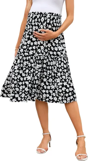 Women's High Elastic Waist Maternity Skirt Summer Casual Floral Pleated Swing A Line Flowy Midi Skirts with Pockets