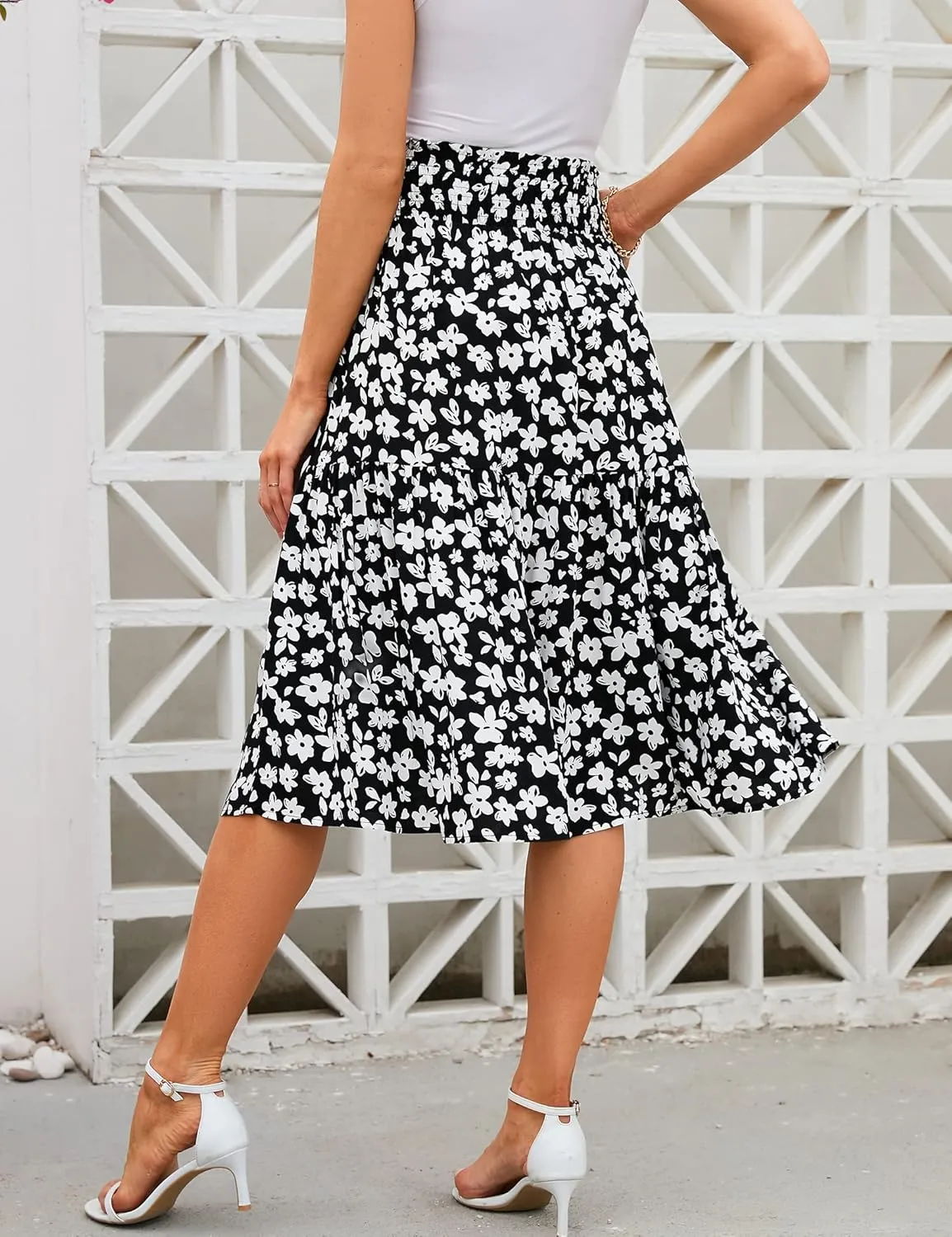 Women's High Elastic Waist Maternity Skirt Summer Casual Floral Pleated Swing A Line Flowy Midi Skirts with Pockets