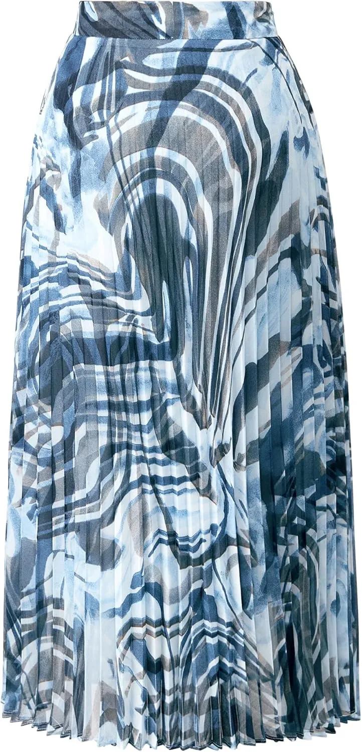 Women's High Waisted Pleated Tie-Dye Print Midi Skirt with Zipper