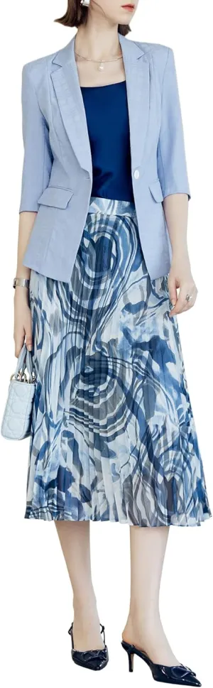 Women's High Waisted Pleated Tie-Dye Print Midi Skirt with Zipper