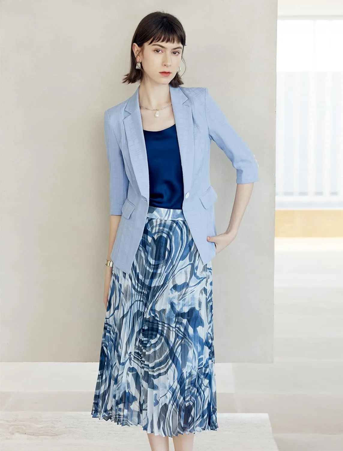 Women's High Waisted Pleated Tie-Dye Print Midi Skirt with Zipper