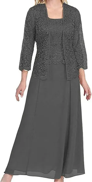 Women's Lace Mother of The Bride Dresses with Jacket 3/4 Sleeve Chiffon Long Formal Dresses Evening Gowns