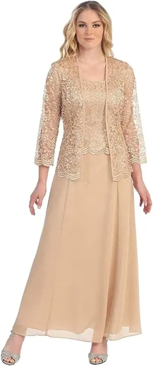 Women's Lace Mother of The Bride Dresses with Jacket 3/4 Sleeve Chiffon Long Formal Dresses Evening Gowns