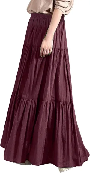 Womens Linen Cotton Maxi Skirt Pleated Elastic High Waist Summer Casual Fashion Elegant Flowy Plus Size Long Skirts