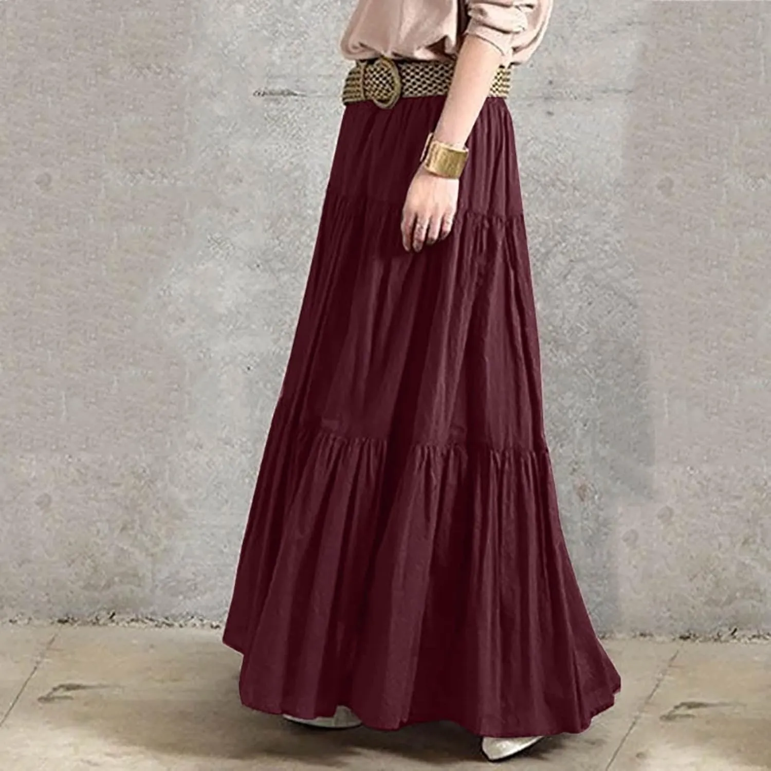 Womens Linen Cotton Maxi Skirt Pleated Elastic High Waist Summer Casual Fashion Elegant Flowy Plus Size Long Skirts