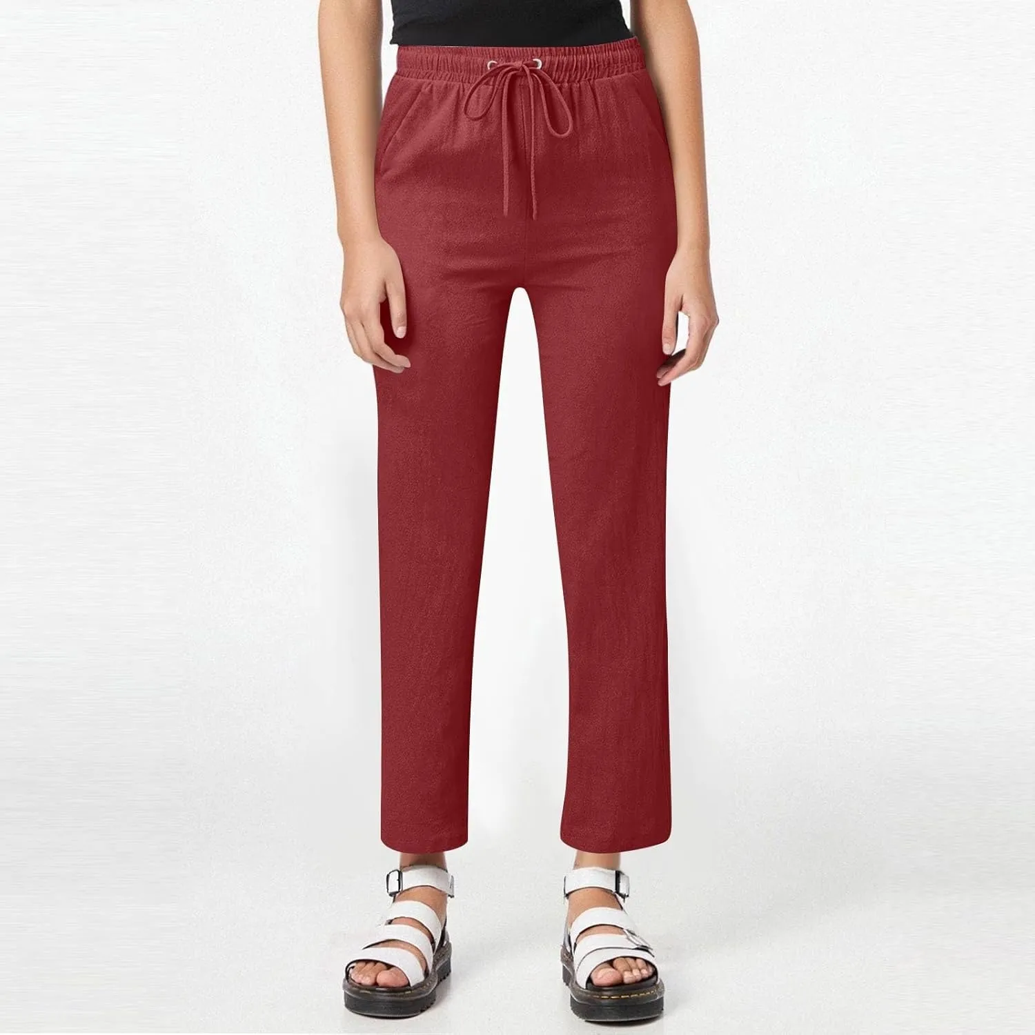 Womens Linen High Waist Pants Drawstring Wide Leg Loose Fit Summer Pants Trousers with Side Pockets