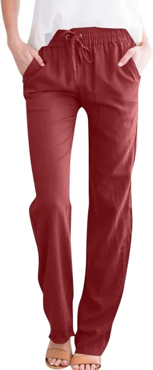 Womens Linen High Waist Pants Drawstring Wide Leg Loose Fit Summer Pants Trousers with Side Pockets