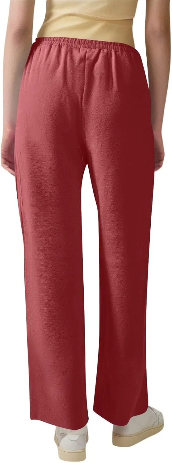 Womens Linen High Waist Pants Drawstring Wide Leg Loose Fit Summer Pants Trousers with Side Pockets