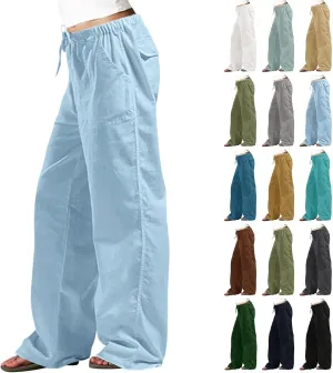 Women's Linen Palazzo Pants Summer Boho Wide Leg High Waist Casual Lounge Pant 2025 Beach Travel Vacation Trousers
