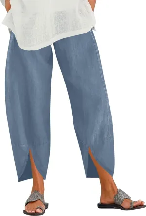 Womens Linen Summer Drawstring Pant Trousers Low Waist Bootcut Slim-Fit Palazzo Pants Trendy