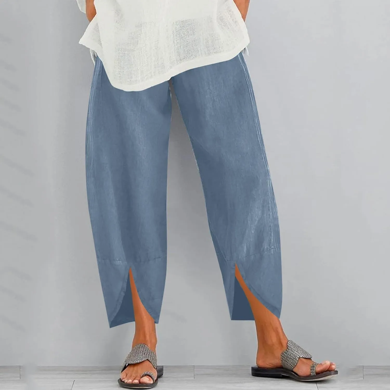 Womens Linen Summer Drawstring Pant Trousers Low Waist Bootcut Slim-Fit Palazzo Pants Trendy