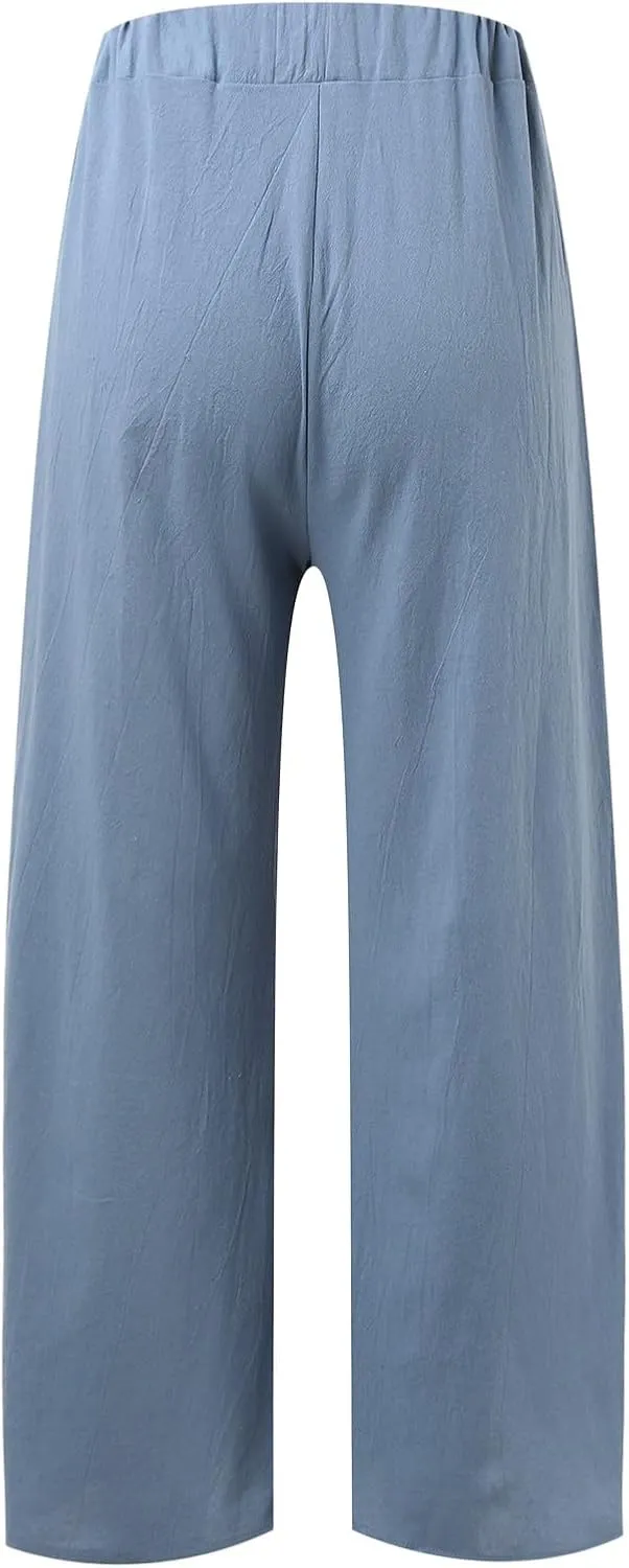 Womens Linen Summer Drawstring Pant Trousers Low Waist Bootcut Slim-Fit Palazzo Pants Trendy