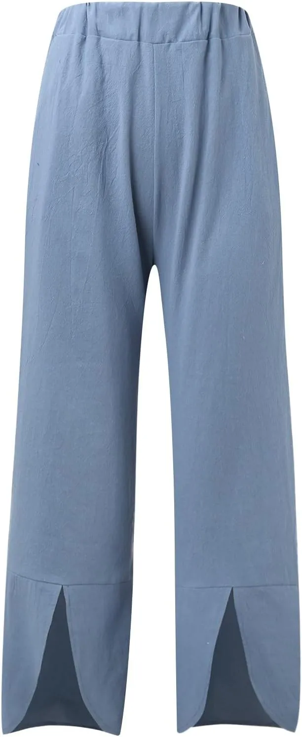 Womens Linen Summer Drawstring Pant Trousers Low Waist Bootcut Slim-Fit Palazzo Pants Trendy