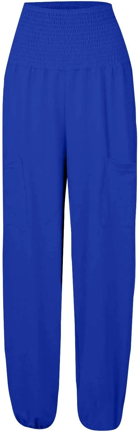 Womens Linen Summer Trendy Palazzo Lounge Pants High Waist Straight Slim-Fit Trouser Trendy