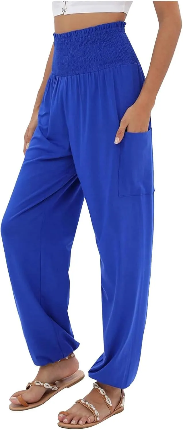 Womens Linen Summer Trendy Palazzo Lounge Pants High Waist Straight Slim-Fit Trouser Trendy
