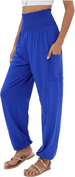 Womens Linen Summer Trendy Palazzo Lounge Pants High Waist Straight Slim-Fit Trouser Trendy
