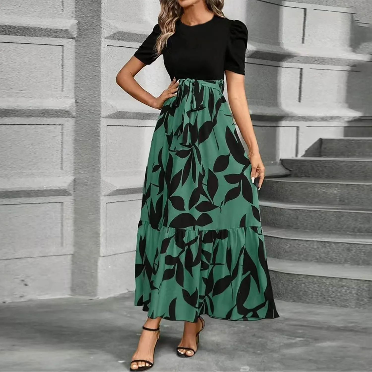 Women's Ruffle Short Sleeve Casual Maxi Dress Summer 2025 Dresses with Pockets Floral Printed Long Flowy Dresses