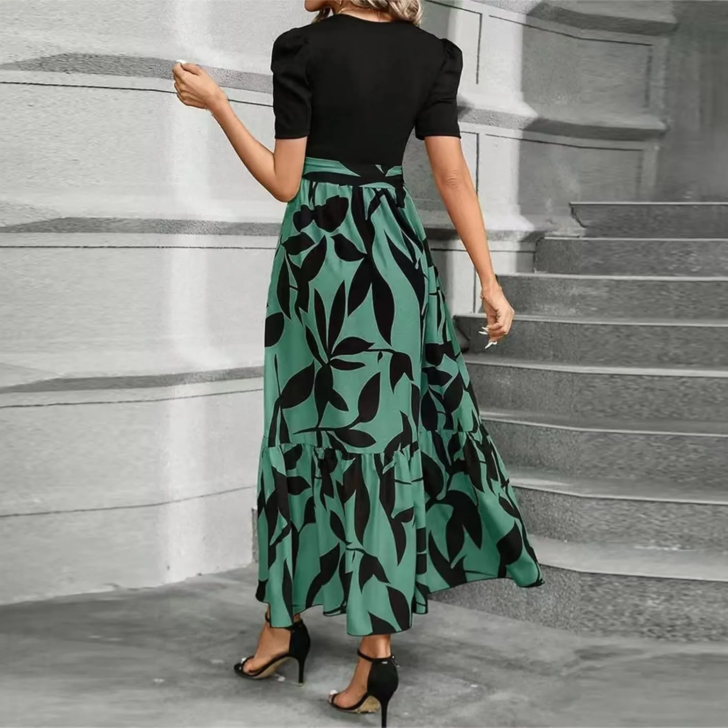 Women's Ruffle Short Sleeve Casual Maxi Dress Summer 2025 Dresses with Pockets Floral Printed Long Flowy Dresses