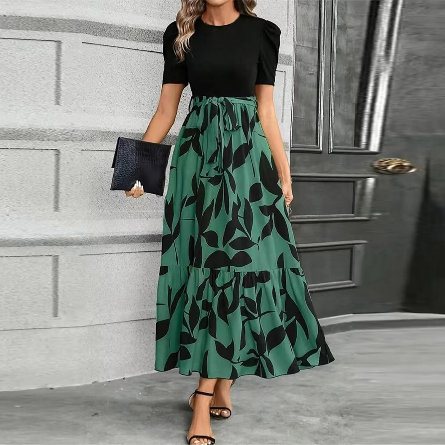 Women's Ruffle Short Sleeve Casual Maxi Dress Summer 2025 Dresses with Pockets Floral Printed Long Flowy Dresses