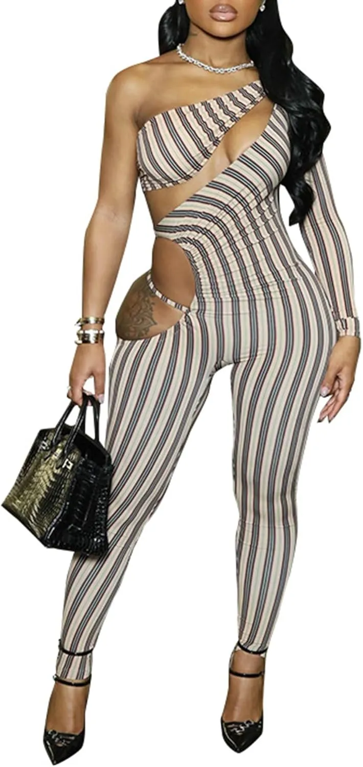 Womens Sexy Cutout One Shoulder Bodycon Jumpsuit Stripe Asymmetric One Piece Jumpsuit Party Clubwear