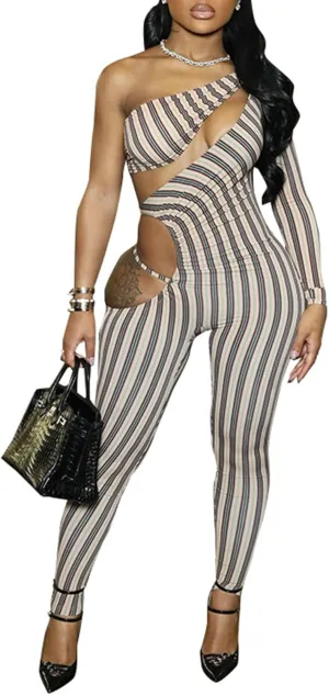 Womens Sexy Cutout One Shoulder Bodycon Jumpsuit Stripe Asymmetric One Piece Jumpsuit Party Clubwear