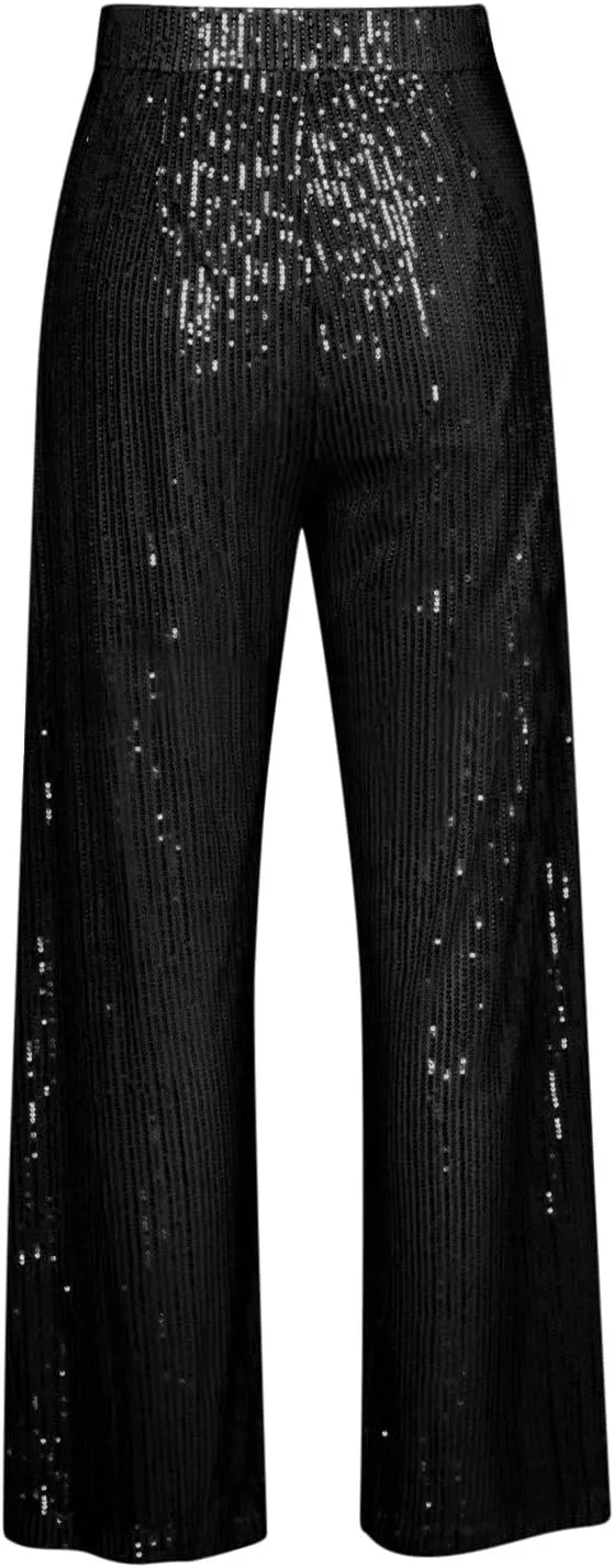 Women's Sparkle Sequin Wide Leg Pants High Waist Shiny Party Clubwear Bling Glitter Trousers Loose Flare Bottom Pants