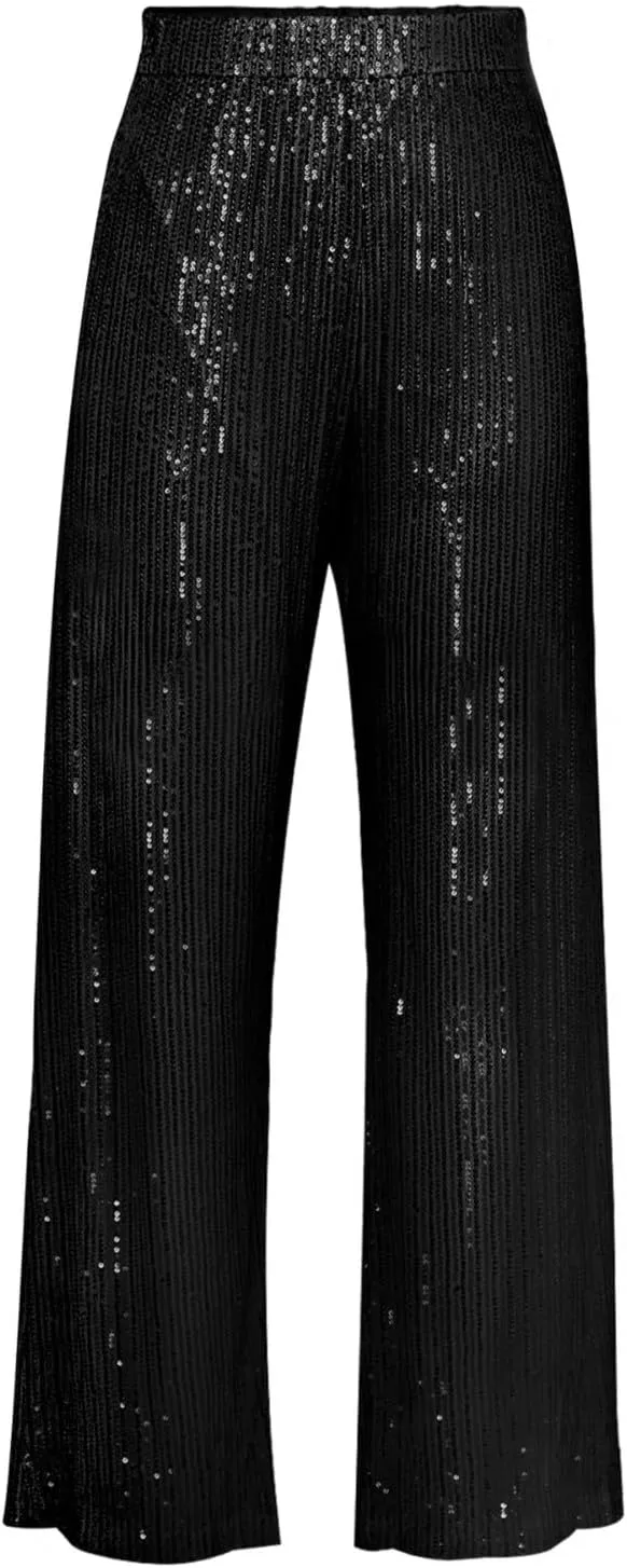 Women's Sparkle Sequin Wide Leg Pants High Waist Shiny Party Clubwear Bling Glitter Trousers Loose Flare Bottom Pants