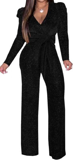 Women's Sparkly Jumpsuits Sexy Long Sleeve Cocktail Elegant Mock Neck Bodycon Straight Long Pants Rompers with Pockets