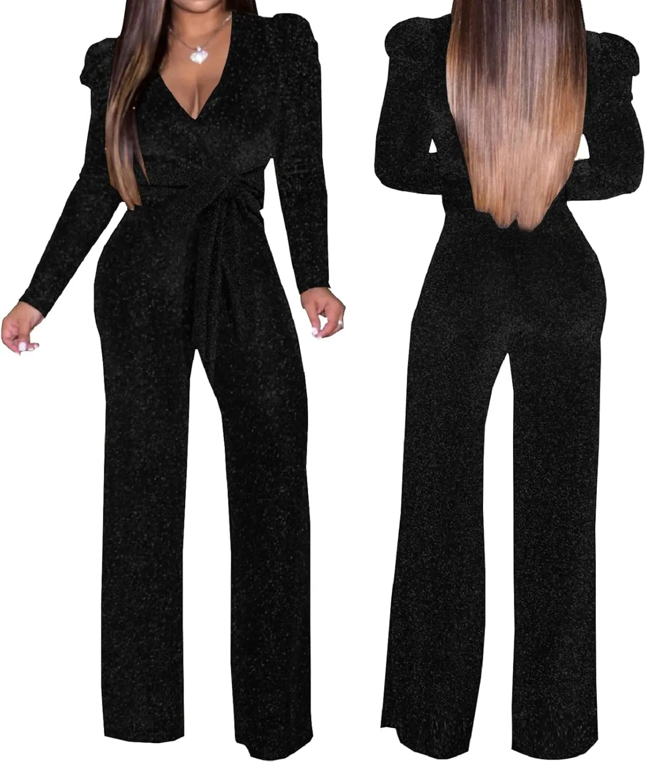Women's Sparkly Jumpsuits Sexy Long Sleeve Cocktail Elegant Mock Neck Bodycon Straight Long Pants Rompers with Pockets