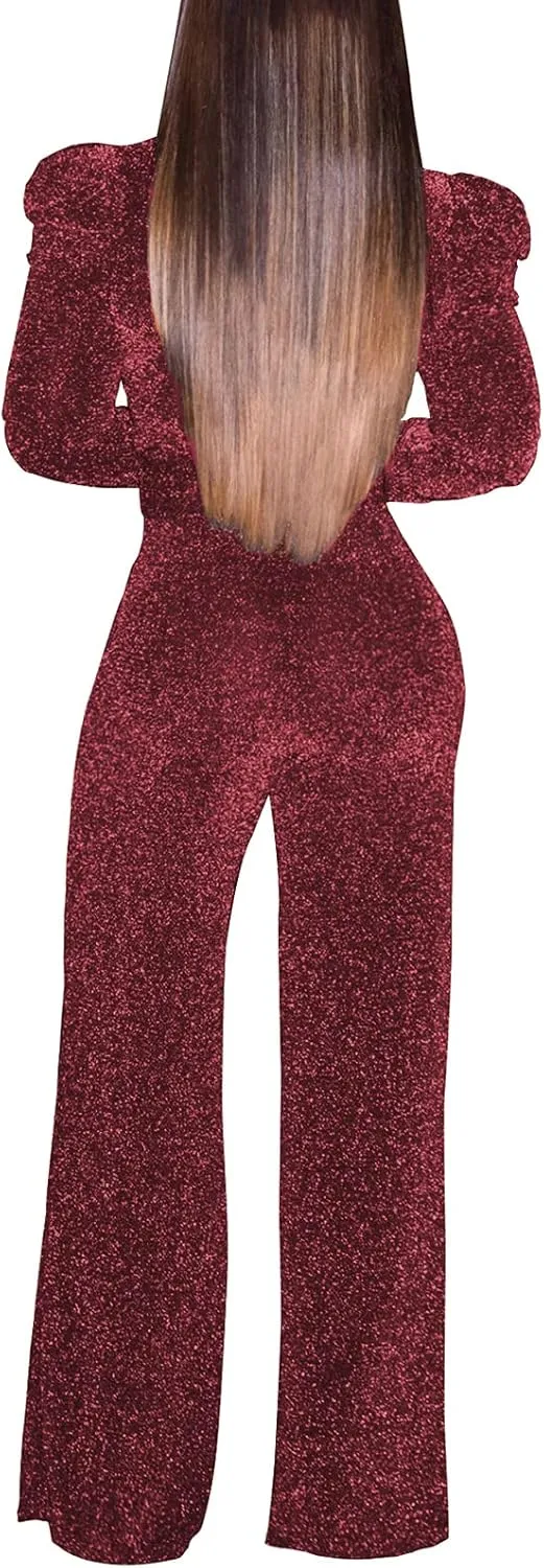 Women's Sparkly Jumpsuits Sexy Long Sleeve Cocktail Elegant Mock Neck Bodycon Straight Long Pants Rompers with Pockets
