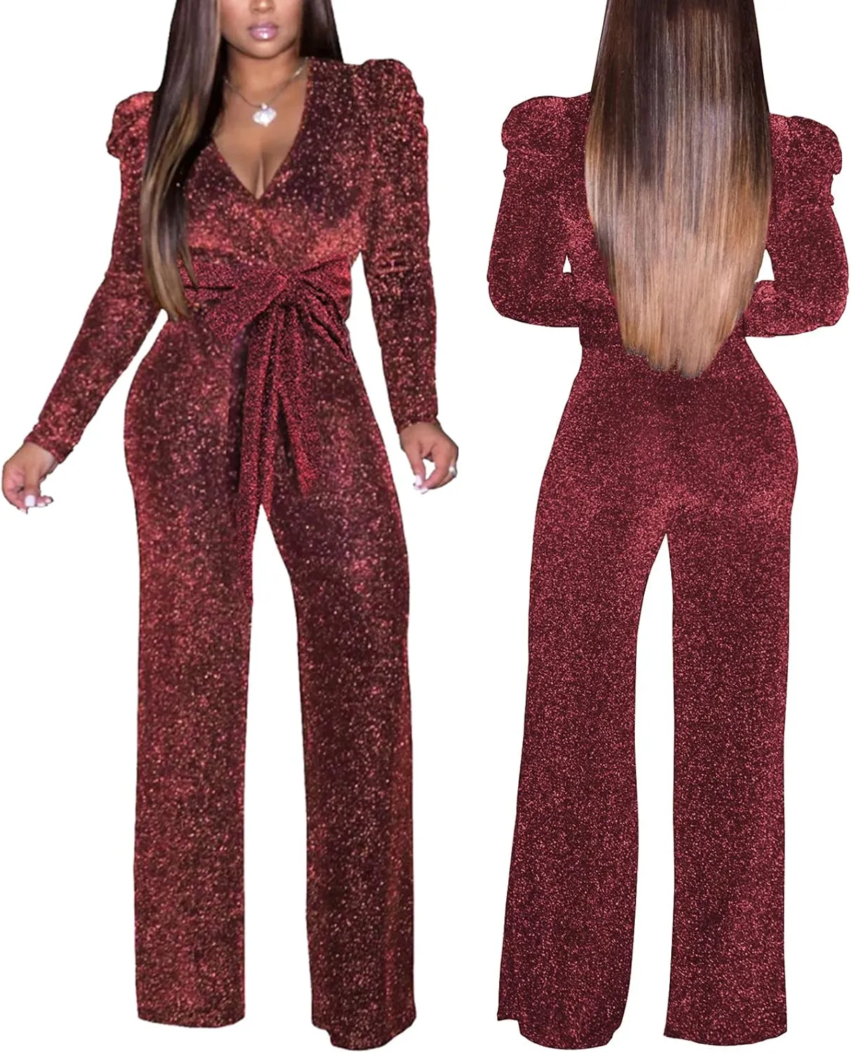 Women's Sparkly Jumpsuits Sexy Long Sleeve Cocktail Elegant Mock Neck Bodycon Straight Long Pants Rompers with Pockets