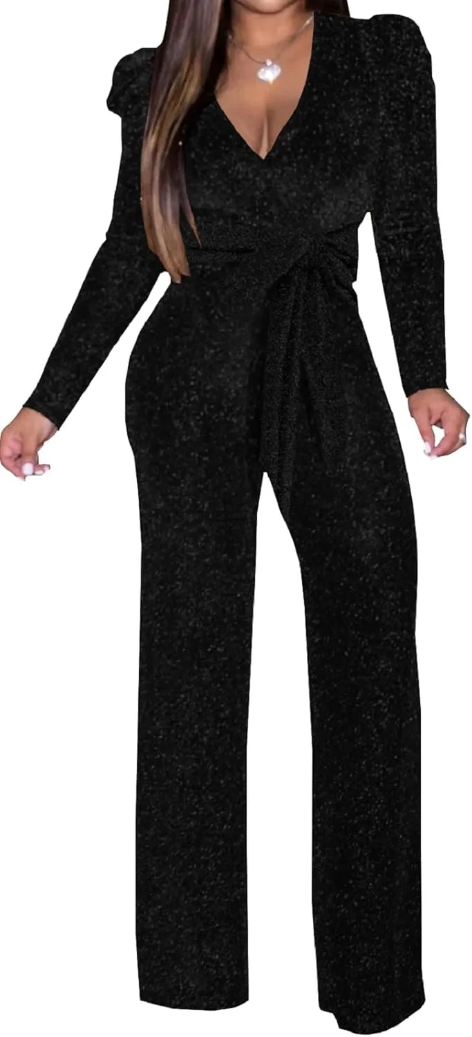 Women's Sparkly Jumpsuits Sexy Long Sleeve Cocktail Elegant Mock Neck Bodycon Straight Long Pants Rompers with Pockets