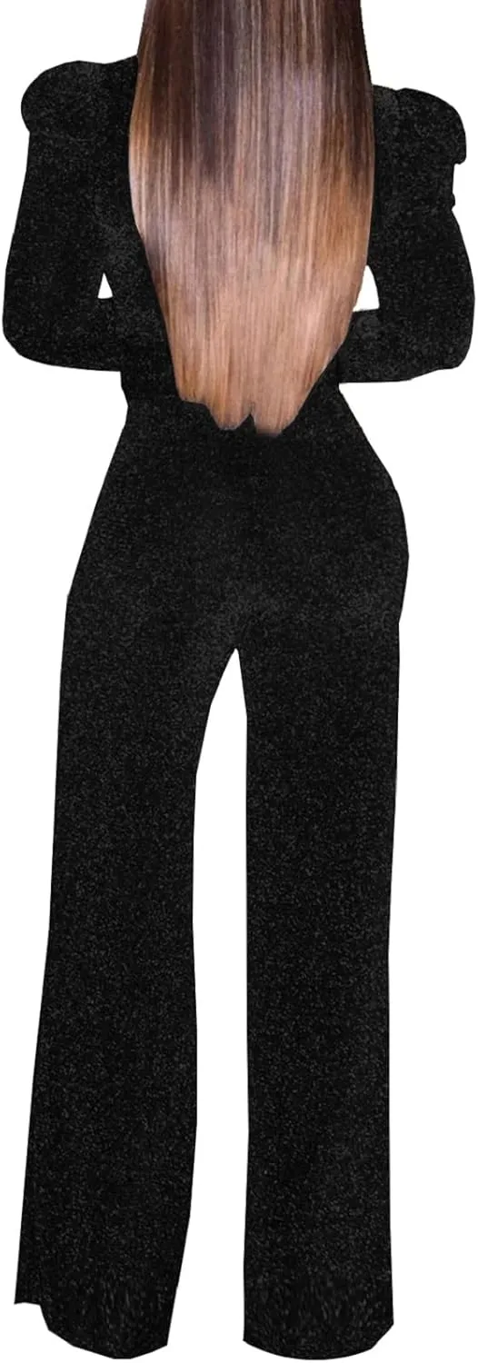 Women's Sparkly Jumpsuits Sexy Long Sleeve Cocktail Elegant Mock Neck Bodycon Straight Long Pants Rompers with Pockets