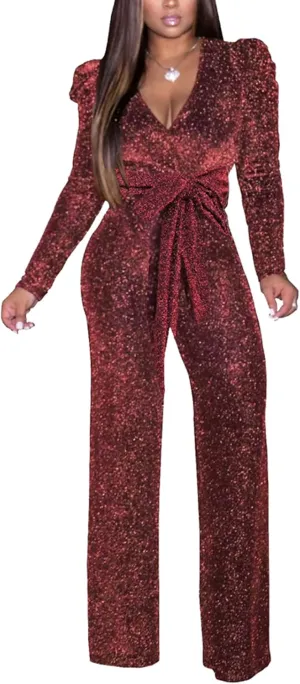 Women's Sparkly Jumpsuits Sexy Long Sleeve Cocktail Elegant Mock Neck Bodycon Straight Long Pants Rompers with Pockets