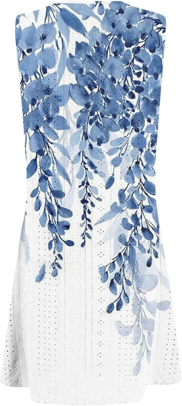 Womens Summer Dresses 2025 Loose Crewneck Sleeveless Tank Dress Casual Eyelet Sundress Swimsuit Coverup with Pockets