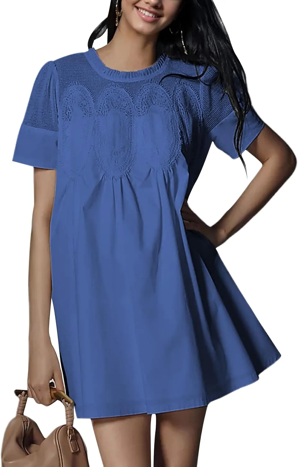 Womens Summer Lace Mini Babydoll Dress Ruffled Collar Short Sleeve Loose Mesh Swing Elegant Flared Sundress