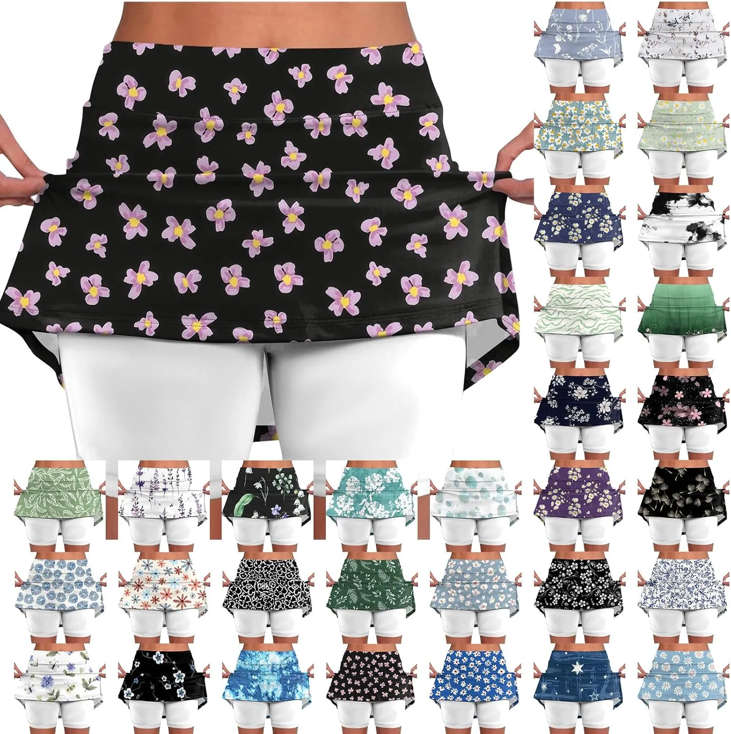 Women's Tennis Golf Skirts Floral Printed High Waist Skorts with Pockets Athletic Sports Running Workout Inner Shorts