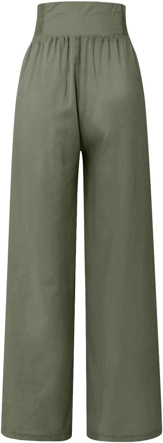 Women's Wide Leg Pants High Waist Linen Trousers Solid Elastic Waist Slim Fit Pants with Pockets Loose Lounge Pants