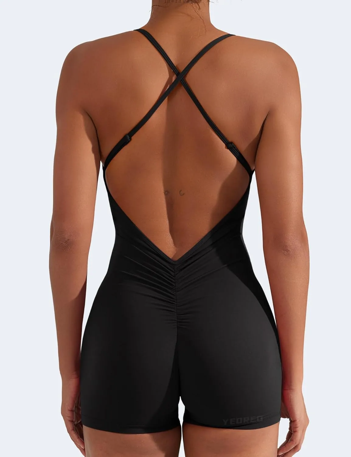 YEOREO Backless Tummy Control Jumpsuits for Women One Piece Workout Jumpsuits Sleeveless V Back Lizvette Scrunch Yoga Rompers