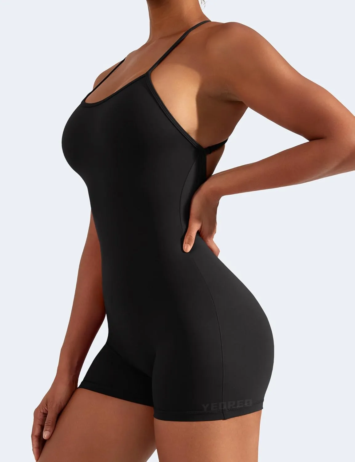 YEOREO Backless Tummy Control Jumpsuits for Women One Piece Workout Jumpsuits Sleeveless V Back Lizvette Scrunch Yoga Rompers