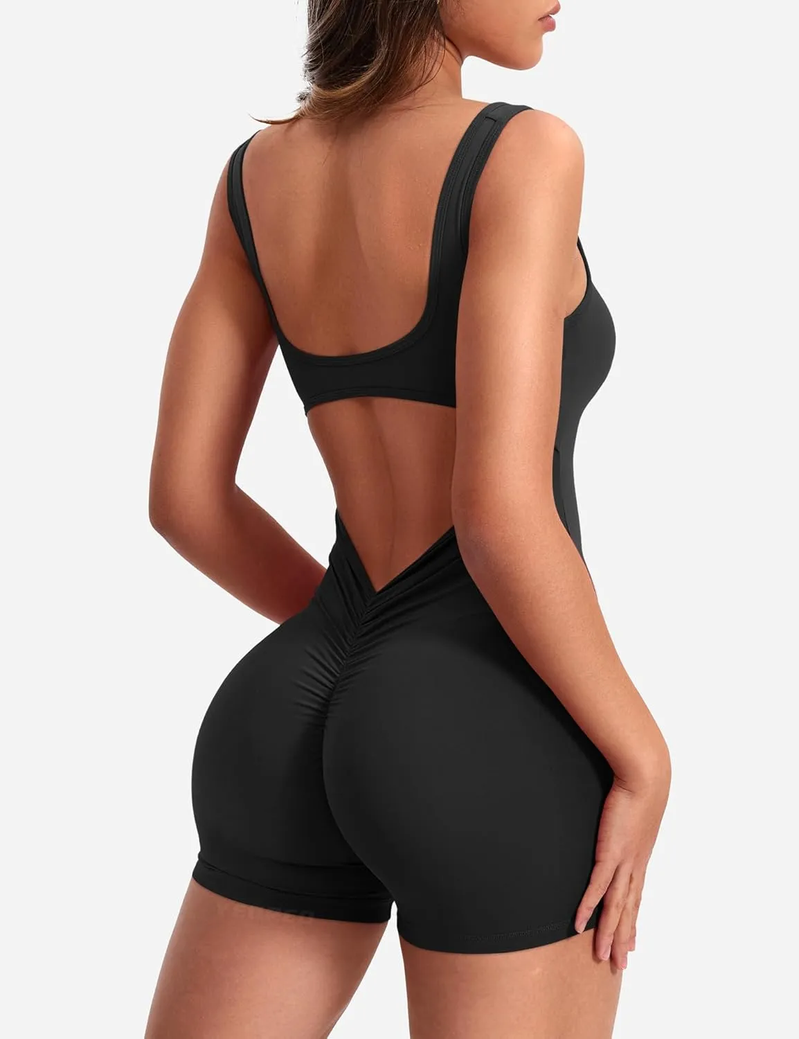 YEOREO One Piece Workout Jumpsuits for Women Backless Tummy Control Sleeveless Jumpsuits Lizvette V Back Scrunch Yoga Romper