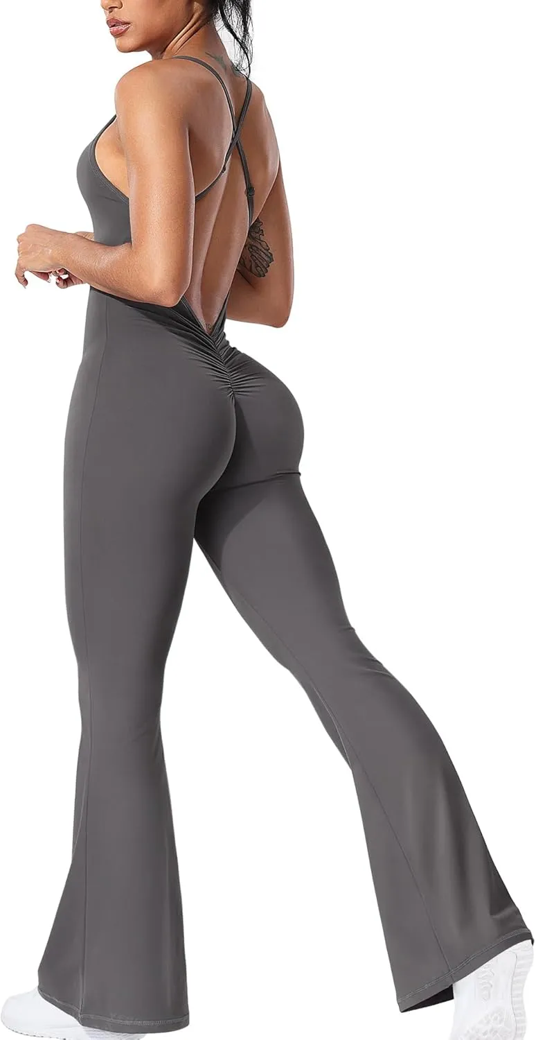 YEOREO Women Strappy Flare Jumpsuits Sexy V Back Backless Gym Workout Scrunch Butt Yoga Rompers
