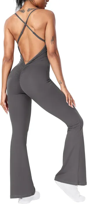 YEOREO Women Strappy Flare Jumpsuits Sexy V Back Backless Gym Workout Scrunch Butt Yoga Rompers