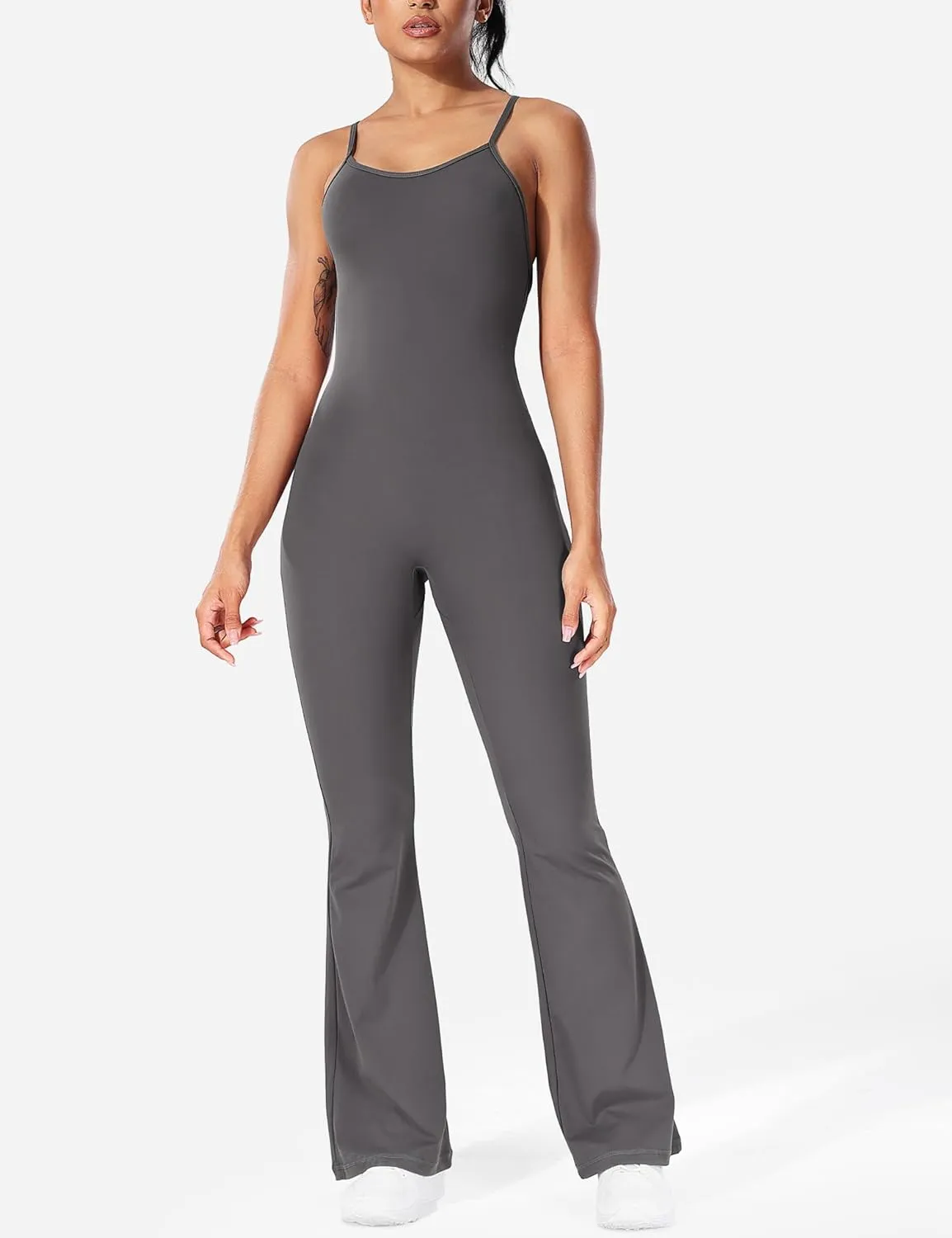 YEOREO Women Strappy Flare Jumpsuits Sexy V Back Backless Gym Workout Scrunch Butt Yoga Rompers