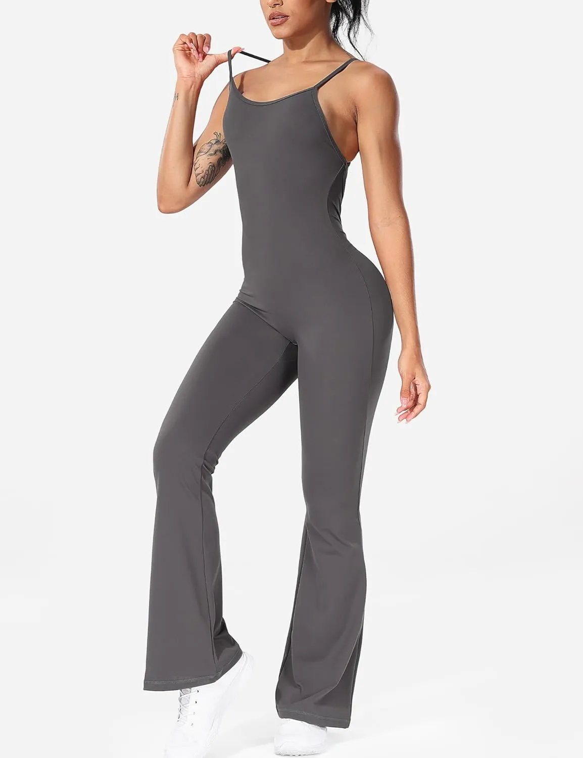 YEOREO Women Strappy Flare Jumpsuits Sexy V Back Backless Gym Workout Scrunch Butt Yoga Rompers