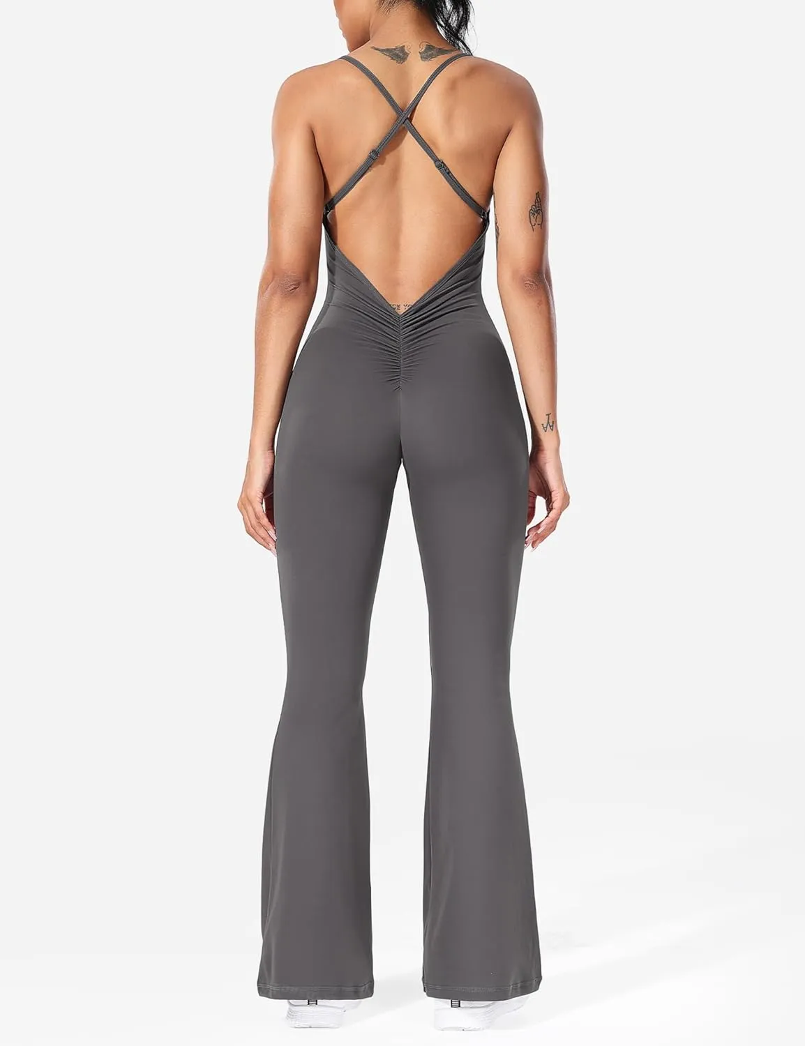 YEOREO Women Strappy Flare Jumpsuits Sexy V Back Backless Gym Workout Scrunch Butt Yoga Rompers