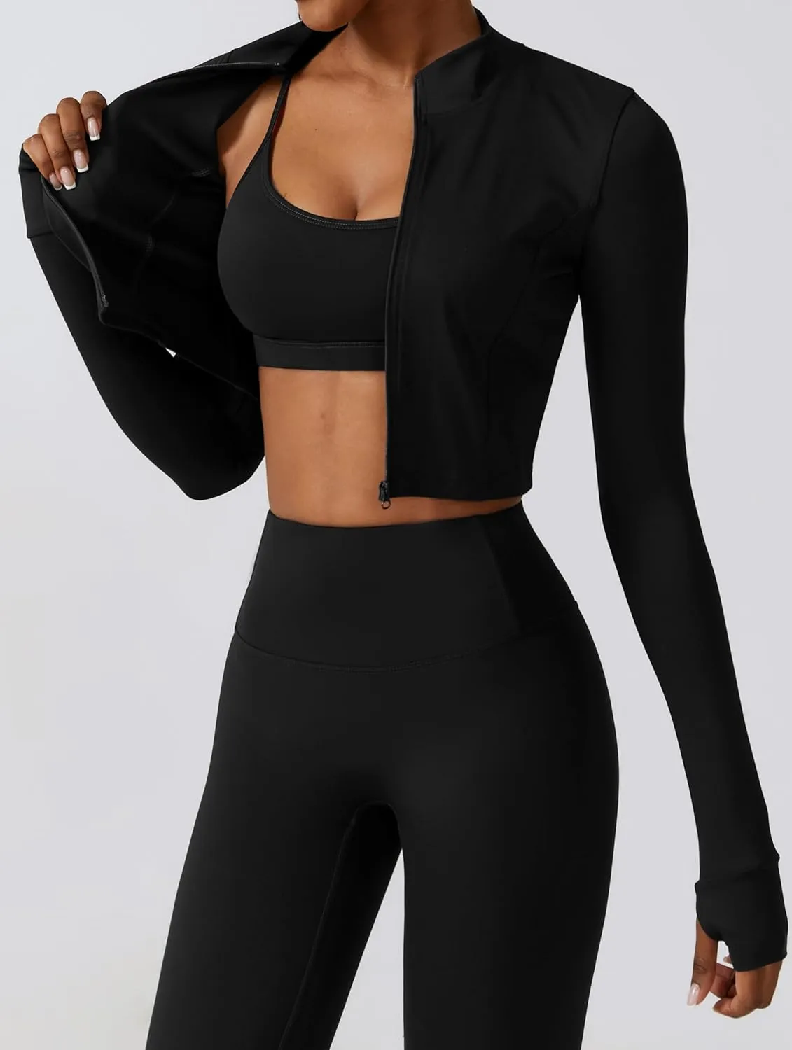 Yknktstc Womens Full Zip Athletic Jacket with Thumbhole Long Sleeve Crop Top Running Workout Yoga Sportswear Shirt