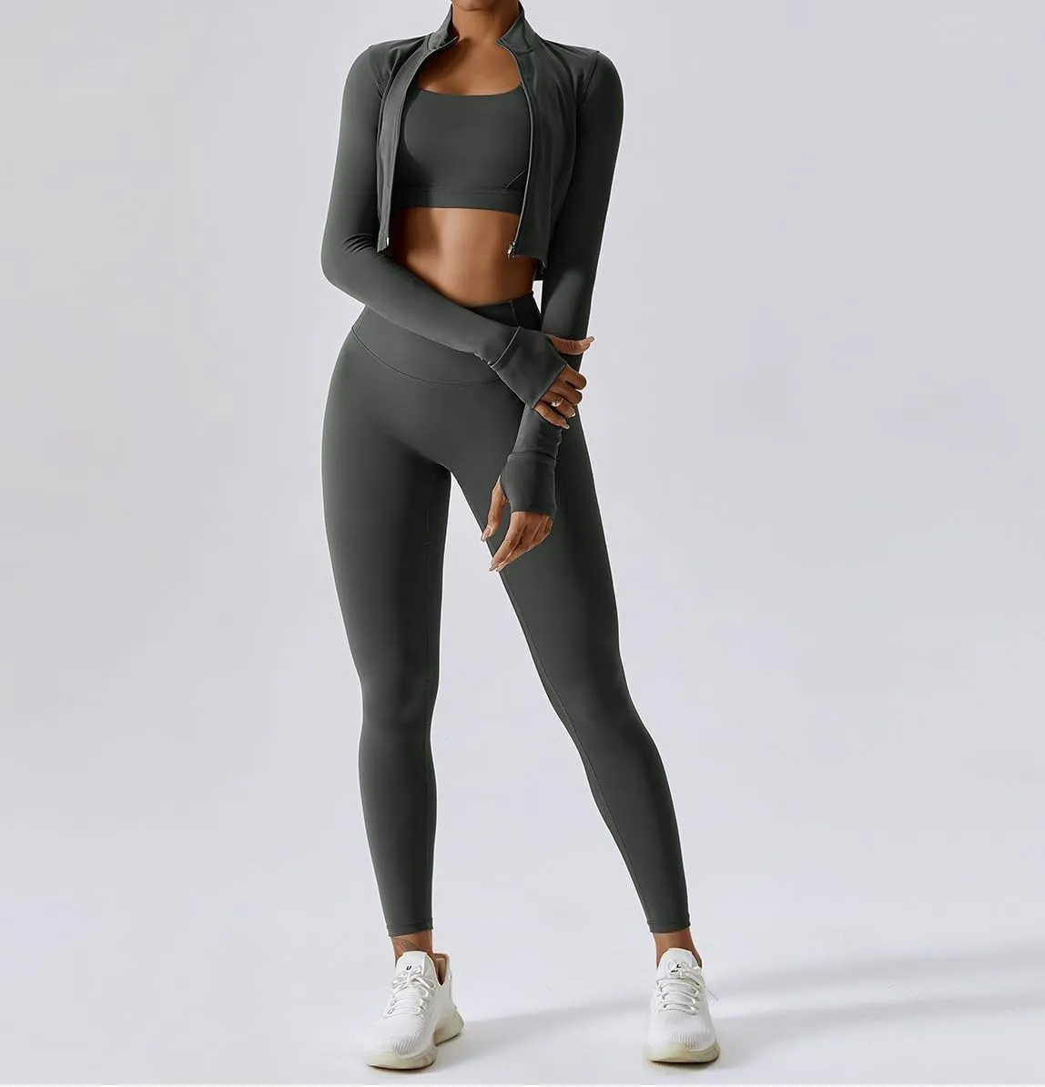 Yknktstc Womens Full Zip Athletic Jacket with Thumbhole Long Sleeve Crop Top Running Workout Yoga Sportswear Shirt