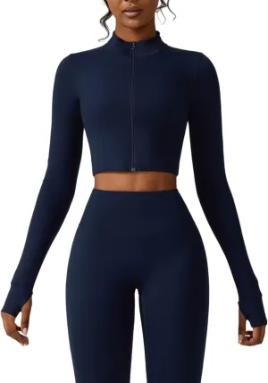 Yknktstc Womens Full Zip Athletic Jacket with Thumbhole Long Sleeve Crop Top Running Workout Yoga Sportswear Shirt